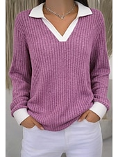 preiswerte Einfarbiges T-Shirt-Damen Rippstricktops T Shirt Falscher Zweiteiler Kontrastfarben Stilvoll Lässig Langarm V Ausschnitt Hemdkragen Normale Oberteile Täglich Ausgehen Schwarz Pudriges Rosa Staubiges Blau Khaki Leicht