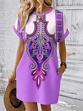 preiswerte Boho Kleid-Damen Minikleid Shiftkleid T-Shirt-Kleid Sommerkleid Lässig Täglich Ferien Date Normale Passform Grafik Stammes Ethnisch Kurzarm Rundhalsausschnitt Blau Rote Purpur Grün Sommer Frühling