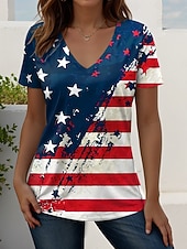  Amerikai függetlenség napja Női Póló Nyomtatott Grafika Amerikai zászló Szüret Stílusos Klasszikus Rövid ujjú V-alakú Normál felsők Napi Medence Fehér Nyár Tavasz