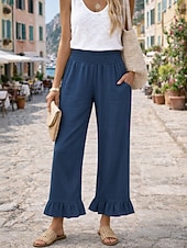  Mulheres Calças de linho de algodão Perna larga chinês Férias Roupa de rua Casual Comprimento total Cintura Média Tecido Bolsos Cintura elástica Conforto Confortável Sem Elasticidade Diário Ao ar