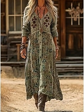 tanie Etniczna sukienka boho-Damskie Sukienka maxi Sukienka Boho Zabytkowa sukienka Codzienne sukienki Zabytkowe Codzienny Na zewnątrz Urlop Luźna Kwiaty Długi rękaw W serek Zielony Wiosna Jesień