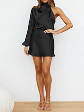 abordables Vestido Sencillo-Mujer Mini vestido Vestido de raso Vestido de Fiesta Vestido Cóctel Vestido tubo Elegante Moda Fiesta Fiesta de Cóctel Cita Ajuste regular Plano Manga Larga Escote Chino turquesa Negro Verde Claro
