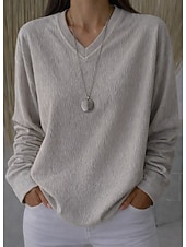  Femmes Grande taille T-shirt Texturé Mode Occasionnel manche longue Col en V Hauts Réguliers Quotidien Sortir Noir Blanche Gris Printemps Automne