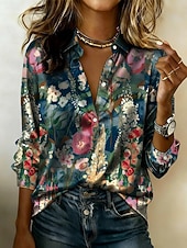 Femmes Chemise Chemise en satin Imprimé Fleuri Graphique Bohème ancien Classique manche longue Col de chemise Hauts Réguliers Quotidien Fête Sortir Bleu Jaune Rose Claire Vert Bleu clair Ét