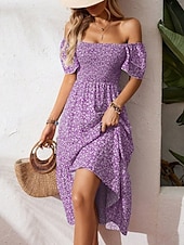 billiga Casual blommiga klänningar-Dam Midiklänning Vardagsklänning Swingklänning Blommig klänning Elegant Mode Modern Utomhus Semester Utekväll Normal Ditsy Floral Kortärmad Fyrkantig hals Blå Svart Rubinrött Purpur Sommar Vår