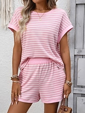 cheap Women's Blouse Suits-Women's Two Piece Sets Shorts Sets Short Sleeve Crew Neck Striped Fashion Streetwear Casual Daily Outdoor Black Pink Dark Pink Summer Regular Fit
