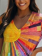  Damen T Shirt Druck Blumen Farbblock Vintage Lässig Boho Kurzarm V Ausschnitt Normale Oberteile Täglich Regenbogen Sommer Frühling