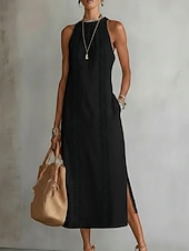 economico Vestiti-Per donna Abito Midi Abiti effetto lino Abito Estivo Casual Quotidiano Vestibilità comoda Semplice Senza Maniche All'americana Blu Nero Bianco Giallo Estate