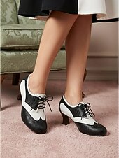 levne Retro styl 50. let-Dámské vintage černobílé oxfordské boty z 50. let - klasické dvoubarevné sedlové brogy se šněrováním na retro párty a swingový tanec &amp;preppy denní nošení