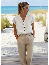 abordables Camisas-Women's 100% Cotton  Shirt Button Up BlouseButtons Plain Daily Basic Casual Short Sleeve V Neck Regular Tops Daily Holiday Going out White Summer