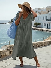 abordables Vestidos-Mujer Vestido Midi 100% Algodón Vestido de lino de algodón Moda Moderno Exterior Vacaciones Festivos Holgado Plano Manga Corta Escote en Pico Azul Piscina Negro Blanco Verde Claro Verano Primavera