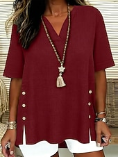 voordelige Overhemden-Dames Overhemden met linnenlook Blouse Overhemd van imitatie linnen Knop Effen Kleur Dagelijks Stijlvol Basic Halve mouw V-hals Normale tops Dagelijks blauw Zwart Geel Rood Paars Zomer Lente Herfst