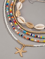 cheap Women's Necklace-Women's Multi-Layer Beaded Necklace and Bracelet Set with Starfish Pendant – Alloy Material, Bohemian Style, Colorful, Perfect for Vacation, Beach and Daily Casual Wear