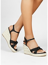 cheap Women-Women's Black Espadrille Wedge Sandals - Elegant Cross-Strap Knot Platform Heels with Ankle Strap for Cruise Vacations, Formal Deck Dinners &amp; Summer Resort Wear