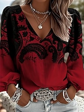 ieftine Bluze Art&amp;Design-Pentru femei Bluză Imprimeu Floral Boemia Epocă Casual Manșon Lung În V Topuri obișnuite Zilnic Albastru piscină Negru Alb Roz Îmbujorat Roșu Vin Vară Primăvară Toamnă