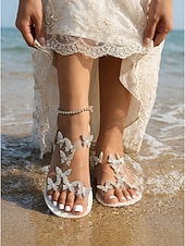 Χαμηλού Κόστους Νύφη-Γυναικεία λευκά νυφικά σανδάλια - κομψά νυφικά παπούτσια παραλίας με πεταλούδες από στρας