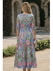 abordables Vestidos de cóctel-Corte A Vestido Midi Vestido de encaje Vestido formal Vestido de flores Vestidos de coctel Elegante Vintage Floral Manga Corta Escote en Pico Fiesta de jardin Boda Bolsillo Satén Encaje Espalda