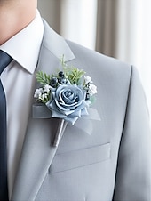 abordables Mariage ACC-Ensemble boutonnière et bracelet de mariée pour homme, en polyester bleu clair à motif floral artificiel, idéal pour les mariés, les bals de fin d'année, les fêtes et les soirées formelles.