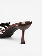 economico Sandali con tacco-Eleganti mules da donna marroni a pois con tacco alto - chic sandali in raso con fiocco e tacco a spillo, perfetti per banchetti serali, cene in resort di lusso e serate estive.