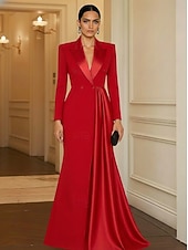 cheap Tuxedo Dresses-Women's Tuxedo Dress Ball Gown A-Line Formal Wedding Guest Satin Stretch Crepe Elegant Long Sleeve Floor Length Ankle Length Peak Lapel Double Breasted