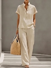 ieftine Seturi-Pentru femei Seturi de pantaloni In din bumbac artificial Manșon scurt Guler de stand Culoare solidă Modă Șic Stradă Casual Zilnic În aer liber Albastru piscină Galben Trifoi Primavara vara Potrivire