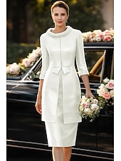 abordables Conjuntos de vestidos para mamá-Dos Piezas Funda Columna Hasta la Rodilla Vestido Invitada Boda Vestido de Madrina Correas Joya Elegante Invitado a la boda Fiesta de Boda Iglesia Satén Vestidos de chaqueta con Cinta / Lazo Lazo(s