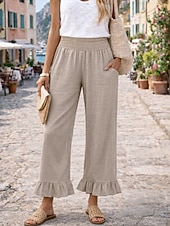  Mulheres Calças de linho de algodão Perna larga chinês Férias Roupa de rua Casual Comprimento total Cintura Média Tecido Bolsos Cintura elástica Conforto Confortável Sem Elasticidade Diário Ao ar