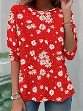 preiswerte Blumenblusen-Ramadan Damen T Shirt Druck Blumen Grafik Pflanzen Bohemien Vintage Stilvoll Langarm Rundhalsausschnitt Normale Oberteile Täglich Wochenende Urlaubskleidung Blau Schwarz Gelb Rosa Rote Sommer Frühling