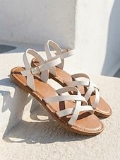 preiswerte Flache Sandalen-Minimalistische braune Riemchensandalen für Damen – bequeme, flache Gladiatorensandalen im griechischen Stil mit Knöchelriemen für Strandurlaub und Sommerreisen auf die Insel. &amp;Boho-Urlaubsoutfits