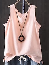 economico Camicie Finte Essenziali-Per donna Finto cotone e lino Semplice Moda Elegante Classico Senza Maniche Manica Corta Girocollo Top Regolari Quotidiano Uscire Weekend Blu Nero Bianco Giallo Rosa Estate Primavera