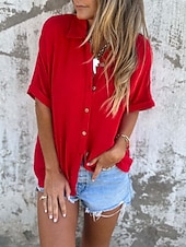 preiswerte Einfache Blusen-Damen Bluse Knöpfe Einfarbig Täglich Basic Lässig Dreiviertelarm Hemdkragen Normale Oberteile Täglich Schwarz Weiß Rote Violett Kamel Sommer Frühling