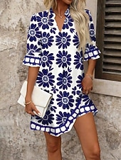 cheap Floral Dress-Women's Mini Dress Shift Dress Casual Dress Print Dress Fashion Modern Daily Vacation Going out Regular Fit Floral Long Sleeve V Neck Blue Black Red Fuchsia Spring Fall