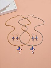 voordelige Accessoires-Damesketting en oorbellen met kruisje van legering, gouden en zilveren patriottische sieraden, oorbellen met hanger in de vorm van een Amerikaanse vlag, perfect voor de 250e verjaardag van de VS, Onafhankelijkheidsdag, casual kleding en vakantie.