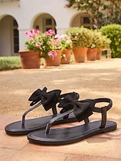 billiga Kvinnor-vita sandaler med t-rem för kvinnor - eleganta sandaler med rem och stor rosettdekor &amp;elastisk ryggrem för strandsemestrar, sommarbröllop &amp;utomhusresor