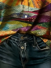 economico Arte &amp; Design Bluse-Per donna Camicia Camicia in raso Stampato Grafico Sole Astratto Bohemien Vintage Manica Lunga Colletto a Camicia Top Regolari Quotidiano Ferie Uscire Giallo Estate Primavera Autunno