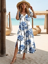 economico Arte &amp; Design Abiti-Per donna Abito Midi Abito a trapezio Casual Quotidiano Vestibilità regolare Floreale Astratto Manica Corta Scollo a V Bianco Viola Arancione Marrone Estate Primavera