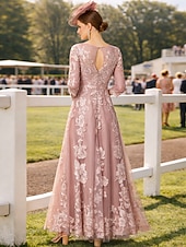 economico Lunghezza del pavimento-Linea ad A Abito Lunghezza al pavimento Abito da invitata a nozze Abito Formale Abito da sera Abito da cerimonia per signora Manica 3/4 Collo gioiello Elegante Ricevimento di matrimonio Pizzo con