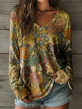 economico Maglietta Arte &amp; Design-Per donna Maglietta Stampato Floreale Grafico Vintage Classico Casual Manica Lunga Scollo a V Top Regolari Quotidiano Blu Viola Verde Primavera Autunno