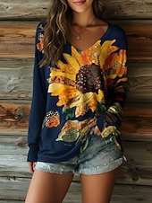  Per donna Maglietta Stampato Floreale Grafico Girasole Vintage Casual Boho Manica Lunga Scollo a V Top Regolari Quotidiano Blu Rosso Blu marino Arancione Verde Estate Primavera Autunno