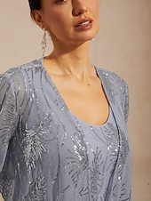 abordables Chaquetas-Mujer Camisa Blusa Chaqueta Lentejuelas Malla Transparente Pluma Elegante Manga 3/4 Cuello halter Fiesta de Noche Semi-formal Ropa formal Azul polvoriento Verano Primavera Otoño