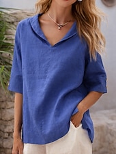 preiswerte Wesentliche Falsche Hemden-Damen Bluse Hemd aus Leinenimitat Einfach Stilvoll Lässig Dreiviertelarm V Ausschnitt Normale Oberteile Täglich Blau Schwarz Weiß Gelb Orange Sommer Frühling Herbst