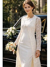 billige Mammas kjolesett-Todelt Linjeform Knelengde Gjestekjole til bryllup Kjole til brudens mor Ermeløs Firkantet hals Elegant Bryllupsgjest Bryllupsfest Kirke Chiffon Blonder Jakke kjoler med Ensfarget
