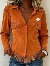 cheap Dressy Blouses-Women's Shirt Blouse Long Sleeve Tops Buttons Fringe Plain Stylish Western Classic Long Sleeve Shirt Collar Regular Tops Daily Holiday Going out Orange Summer Spring