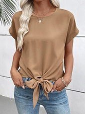 abordables T-shirt uni-Femmes T-shirt Nœud Uni Mode Élégant Classique Manche Courte Col ras du cou Hauts Réguliers Quotidien Sortir Week-end Noir Blanche Vin Marron Beige Été Printemps