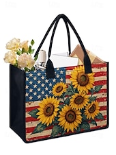  תיק נשיאה פוליאסטר לנשים עם קיבולת גדולה וכיס עם רוכסן, עיצוב פטריוטי של חמניות ודגל אמריקאי, מושלם ליום השנה ה-250, יום העצמאות ולשימוש יומיומי יומיומי