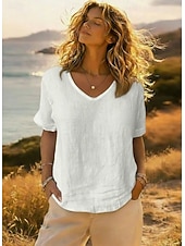 cheap Shirts-Women's Shirt 100% Cotton Plain Daily Stylish Basic Short Sleeve V Neck Regular Tops Daily Work Holiday Blue White Gray Summer