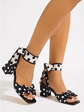 Χαμηλού Κόστους Ρετρό στυλ της δεκαετίας του 1950-Γυναικεία ρετρό πουά σανδάλια της δεκαετίας του 1950 - μαύρα &amp;λευκές γόβες με ψηλό τακούνι και κορδέλα στον αστράγαλο &amp;λεπτομέρεια φιόγκου για vintage πάρτι &amp;ρετρό εκδηλώσεις