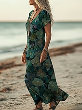  Dame Maxikjole Boho-kjole Uformell kjole Kjole med A-linje Print kjole Årgang utendørs Strand Feriereise Normal Blomstret Grafisk Kortermet V-hals Lys Rosa Gul Mørkegrønn Lilla Sommer Vår