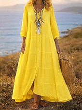 abordables Robes-Femmes Robe Maxi Robe maxi Robes effet lin Robe Chemise Robe d'Été Robe Caftan Vacances Basique Moderne Quotidien Week-end Coupe Ample Uni Manche 3/4 Col en V Bleu Blanche Jaune Été Printemps