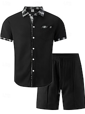 preiswerte Herren Basic Hemden Sets-Herren Zweiteilig Hemd Set Sommer-Set Und Set Kontrastfarbe Lässig Täglich Urlaub Hemdkragen Kurzarm Kurze Hose Sommer Frühling Mode Lässig Bequem Bekleidung